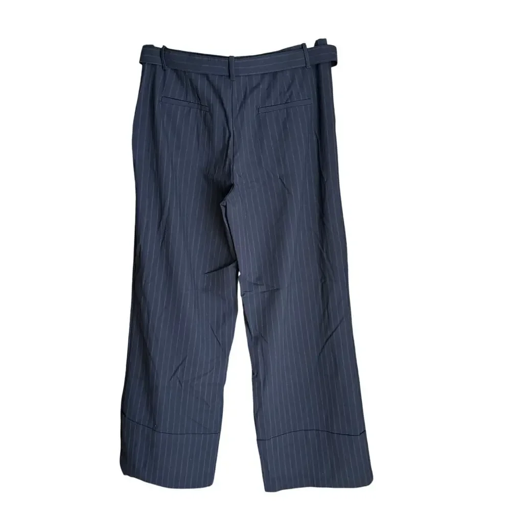 Zara Navy Blue Pinstripe Pleated Wide Leg Trouser Pants Sz L Classic Preppy Chic
